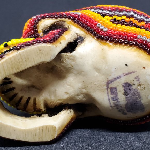 Huichol Beaded Skull on carved fish bone. ~ Handcrafted by Huichol artist - Picture 9 of 9